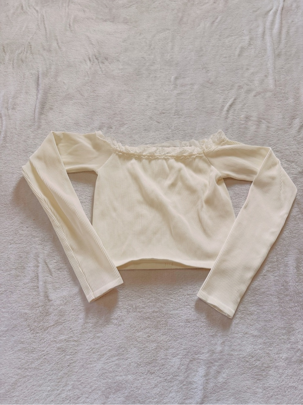 Urban Outfitters Cream Off-Shoulder Ribbed Long Sleeve Top